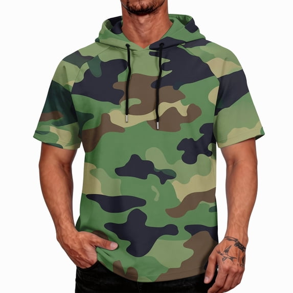 OIOLOYJM Mens Sun Protection Shirts Quick Dry Lightweight UPF Rash Guard Camo Short Sleeve Hoodies Summer Hiking Outdoor Fishing Hooded T Shirts Light Green M