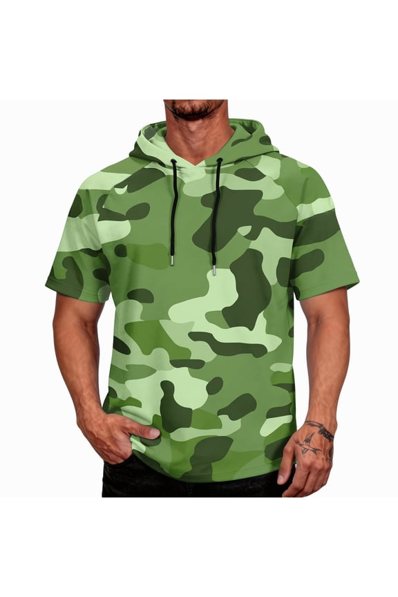 Mens Sun Protection Shirts Quick Dry Lightweight UPF Rash Guard Camo Short Sleeve Hoodies Summer Running Fishing Hooded T Shirts Green 3XL
