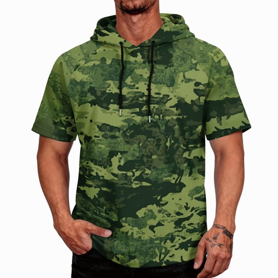 OIOLOYJM Mens Sun Protection Shirts Quick Dry Lightweight Uv Protection Rash Guard Camo Short Sleeve Hoodies Summer Running Fishing Hooded Shirts Green L