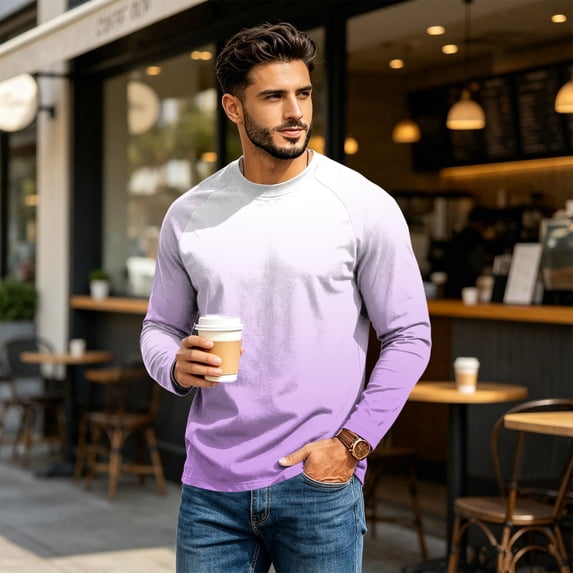 OIOLOYJM Mens T Shirts Casual Cotton Long-Sleeve Crew Neck Gradient Hiking Sport Tee Shirts Basic Lightweight Breathable Workout Tees Light Purple XL