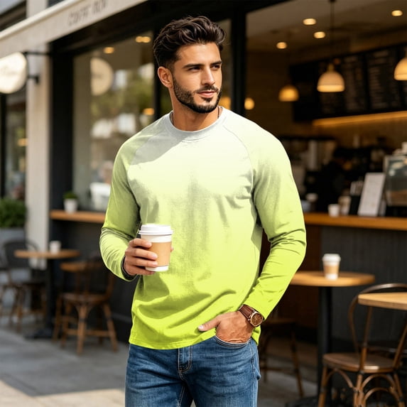 OIOLOYJM Mens T Shirts Casual Cotton Long-Sleeve Crew Neck Gradient Hiking Sport Tee Shirts Basic Quick Dry Sport Clothes Yellow 3XL