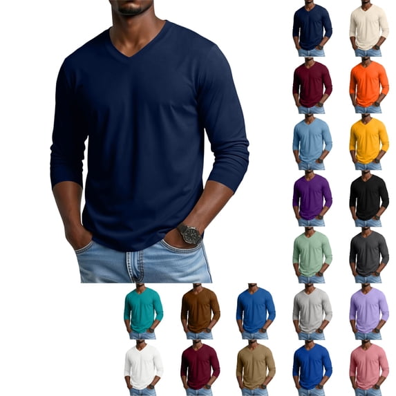 OIOLOYJM Mens T-Shirts Long Sleeve Cotton V-Neck Casual Basic Thermal Sweatshirt Soft Breathable Gym Athletic Running Workout Tops Navy 2XL