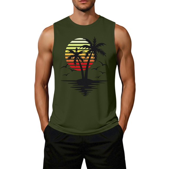 OIOLOYJM Mens Tank Tops Summer Tropical Hawaiian Beach Palm Tree Sleeveless T Shirts Cotton Muscle Fit Lounge Tees Army Green L