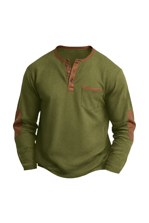 Mens Waffle Knit Henley Shirt Long Sleeve Elbow Patch Casual Daily Lounge Tops Army Green L