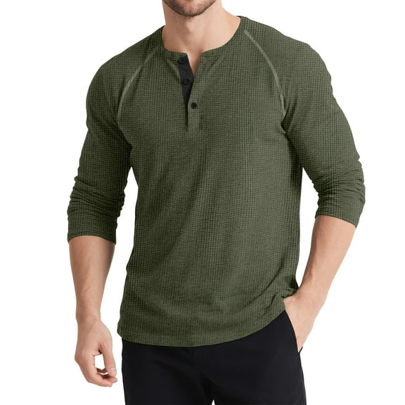 OIOLOYJM Mens Waffle Shirt Casual Henley Golf Shirt Long Sleeve Knitted Basic T Shirts Cozy Thermal Soft Warm Button Pullover Army Green 2XL