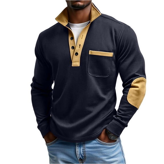 OIOLOYJM Mens Waffle Shirt Casual Henley Polo Shirts Long Sleeve Knit Basic T Shirts Cozy Thermal Warm Soft Button Pullover Tops Navy 2XL