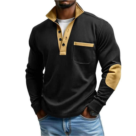 OIOLOYJM Mens Waffle Shirt Casual Henley Workout Golf Shirts Long Sleeve Knitted Basic T Shirts Cozy Thermal Textured Button Up Pullover Black 3XL