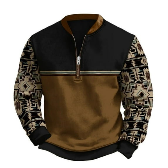 OIOLOYJM Mens Western Pullover Quarter Zip Oversized Fashion Soft Sweatshirt Retro Stand Collar Long Sleeve Sweater Brown XL