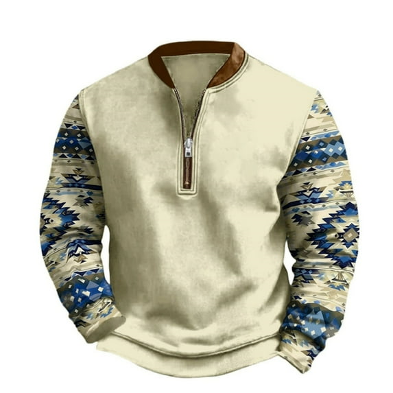 OIOLOYJM Mens Western Pullover Quarter Zip Oversized Fashion Soft Sweatshirt Retro Stand Collar Long Sleeve Sweater White 2XL