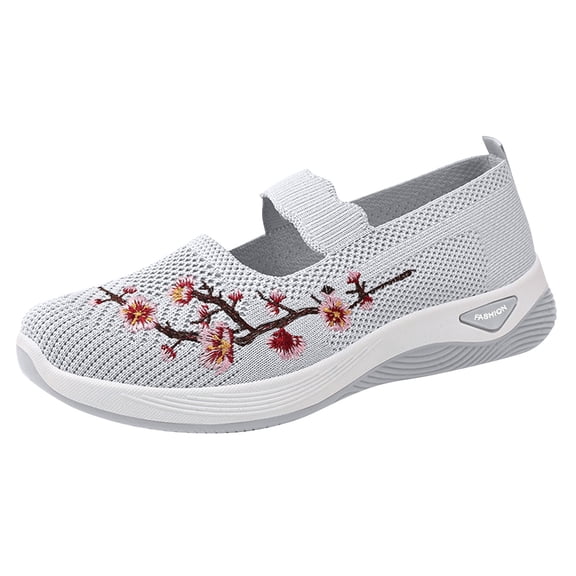 OIOLOYJM Orthopedic Walking Shoes for Women Woven Soft Embroidered Flower Mary Jane Flats Breathable Lightweight Non-Slip Arch Support Sneakers Gray 38(US-7/UK-5)