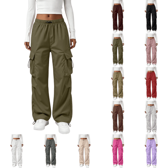 OIOLOYJM Parachute Pants for Women Drawstring Elastic Waist Baggy Wide Leg Quick Dry Hiking Cargo Pants Loose Fit Y2k Streetwear with Multi Pockets Army Green L