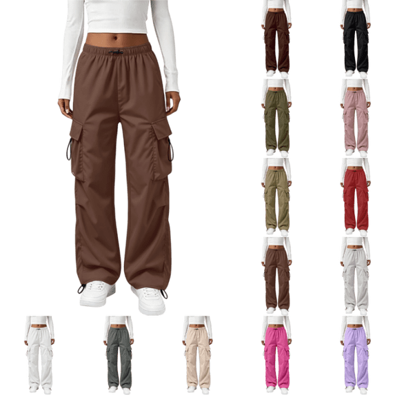 OIOLOYJM Parachute Pants for Women Drawstring Elastic Waist Baggy Wide Leg Quick Dry Hiking Cargo Pants Loose Fit Y2k Streetwear with Multi Pockets Brown 2XL