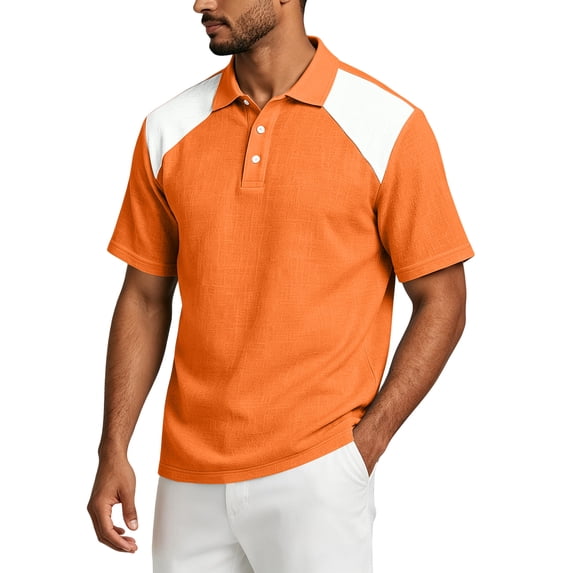 OIOLOYJM Polo Shirts for Men Raglan Short-Sleeve Relaxed Fit Casual Quick Dry Cotton Linen Patchwork Golf Shirts Lightweight Business Running Collared Clothes Saffron S