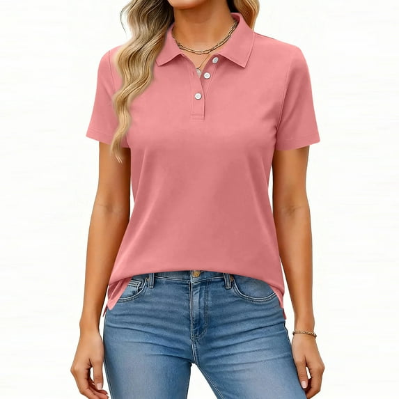 OIOLOYJM Polo Shirts for Women Business Short Sleeve Golf Shirt Lightweight Collared Work Athletic Tops Soft Button Down Activewear Watermelon Red M