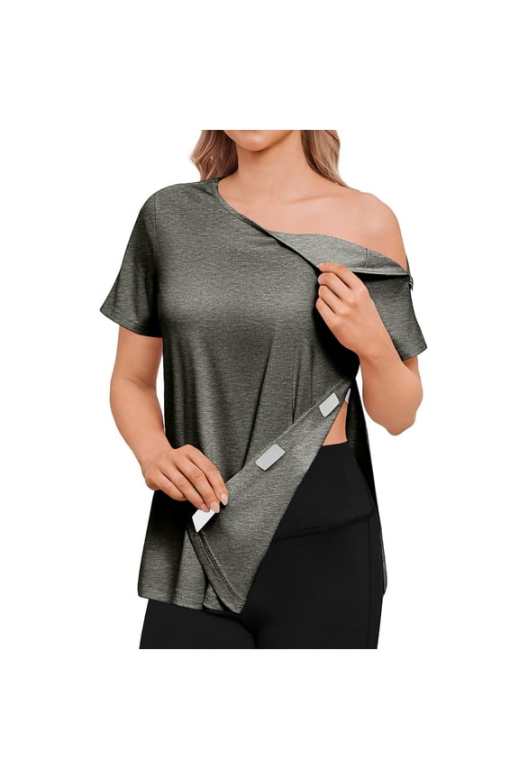 Post Shoulder Surgery Shirts for Women Chemo Dialysis Port with 2 Shoulder Half Zippers After Rotator Cuff Tops Casual Comfy Breathable T Shirts Light Gray 3XL