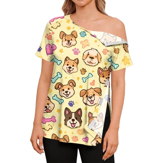 OIOLOYJM Post Shoulder Surgery Shirts for Women Cute Print Tear Away Recovery Comfortable Full Open Side Snap T Shirts with Pocket Short-Sleeve Adaptive Chemo Port Lounge Clothing Yellow S
