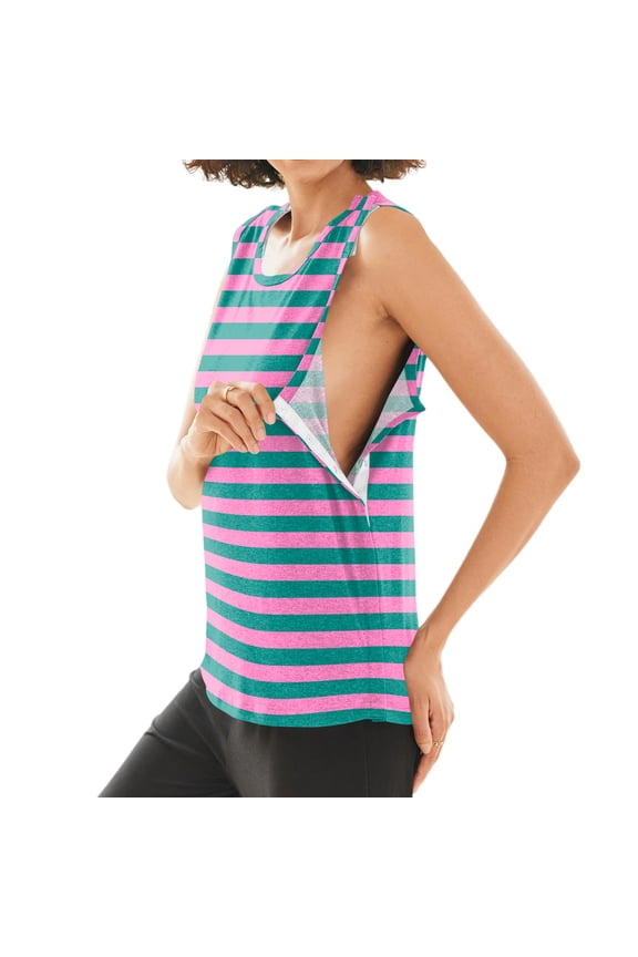 Post Shoulder Surgery Shirts for Women Shoulder Snap-Access Comfortable Arm Chest Recovery Tear Away Tank Tops Striped Breathable Lightweight Adaptive Rotator Cuff Sleeveless Shirts Blue L