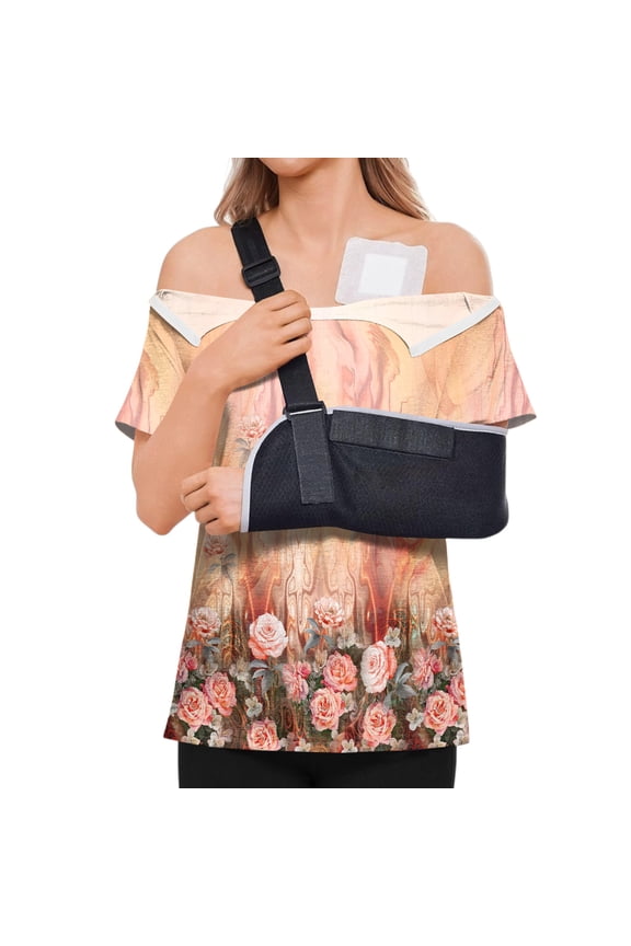 Post Shoulder Surgery Shirts for Women Tear Away Side Snap Floral Print T Shirts Short Sleeve Port Rotator Cuff Recovery Soft Blouses Earthy Yellow XL