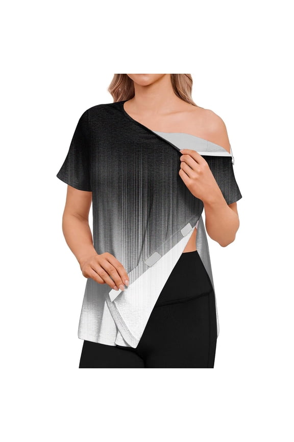 Post Shoulder Surgery Shirts for Women Tear Away Side Snap Gradient Shirts Short Sleeve Port Postpartum Rotator Cuff Recovery Casual Tops Black L