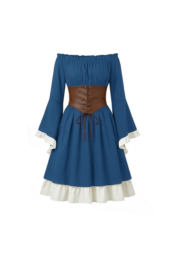 Renaissance Medieval Dress for Women Fashion Wedding Elegant Victorian Peasant Dress for Costume Pirate Cosplay Blue 2XL