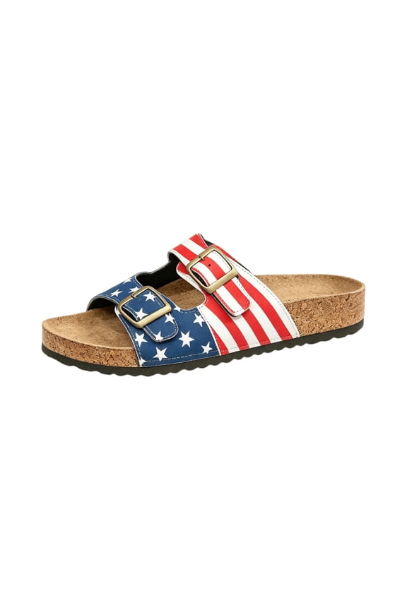 Sandals Women Arch Support American Flag Patriotic Non-Slip Double Strap Slide Sandals Comfortable Cork Footbed Casual Slippers Blue 38(US-7/UK-5)
