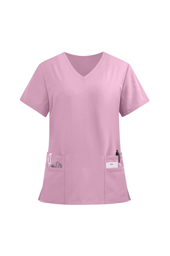 Scrub Tops Women 2026 Casual V-Neck Short Sleeve Breathable Scrubs Comfortable Stretchy T-Shirts Fashion Pullover with 4 Pockets Purple M