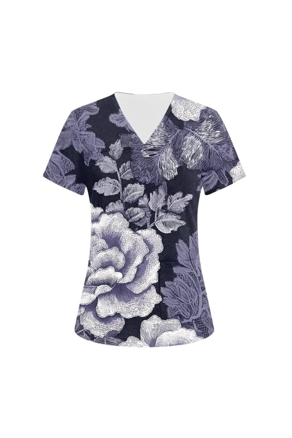 Scrub Tops Women 2026 Casual V Neck Short-Sleeve Vintage Floral Print Tops Cotton Work T Shirts Basic Clothing with Pockets Gray XL
