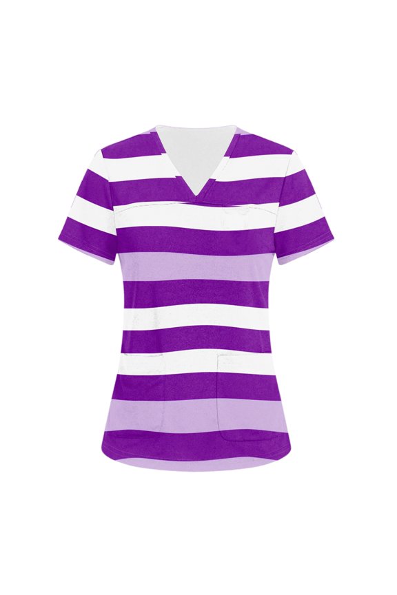 Scrub Tops Women 2026 Medical V-Neck Short Sleeve Striped Scrubs Cotton Stretchy T Shirts Comfort Pullover with Pockets Purple 4XL