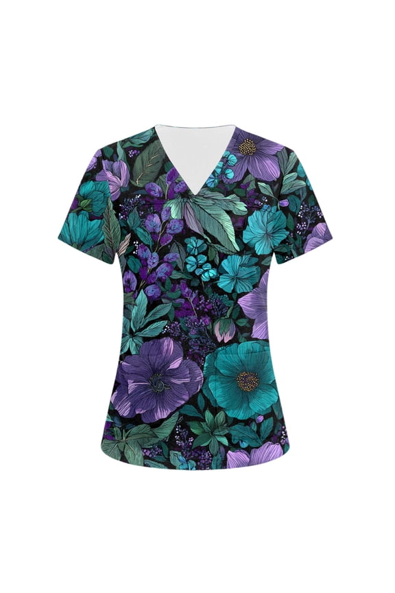 Scrub Tops Women 2026 Medical V Neck Short Sleeve Vintage Floral Print Scrubs Cotton Stretchy T-Shirts Comfort Pullover with 3 Pockets Gray 5XL
