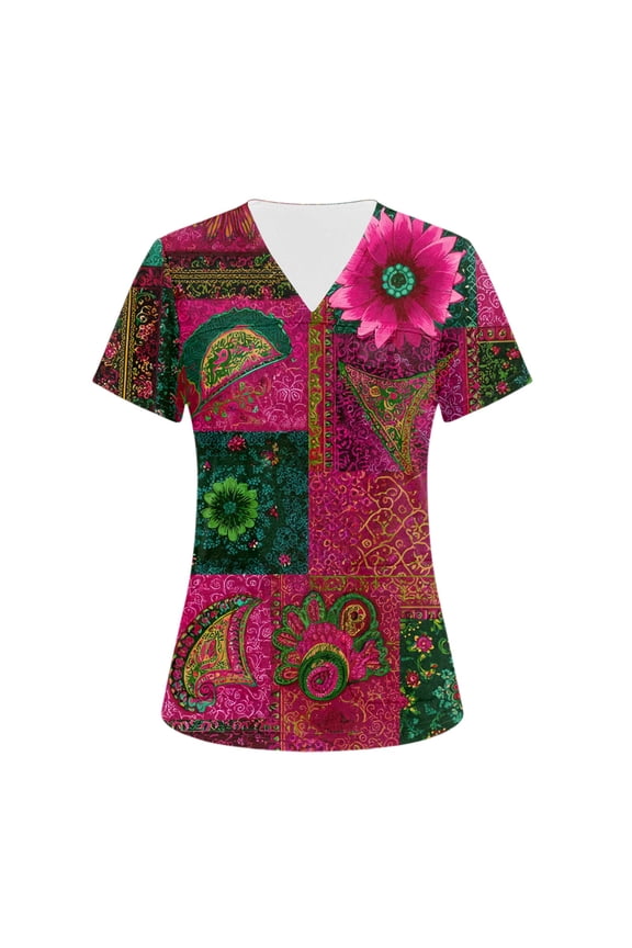 Scrub Tops Women 2026 Nursing V Neck Short-Sleeve Vintage Floral Print Scrubs Cotton Soft Stretch T Shirts Fashion Clothes with Pockets Pink L