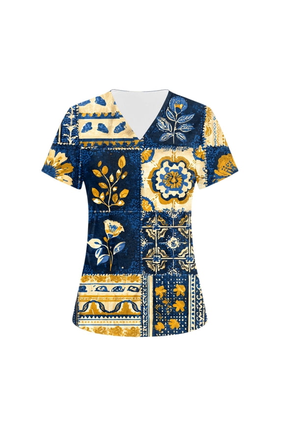 Scrub Tops for Women 2026 Nursing V-Neck Short-Sleeve Vintage Floral Print Scrubs Cotton Soft Stretch T Shirts Fashion Pullover with 3 Pockets Light Purple 3XL