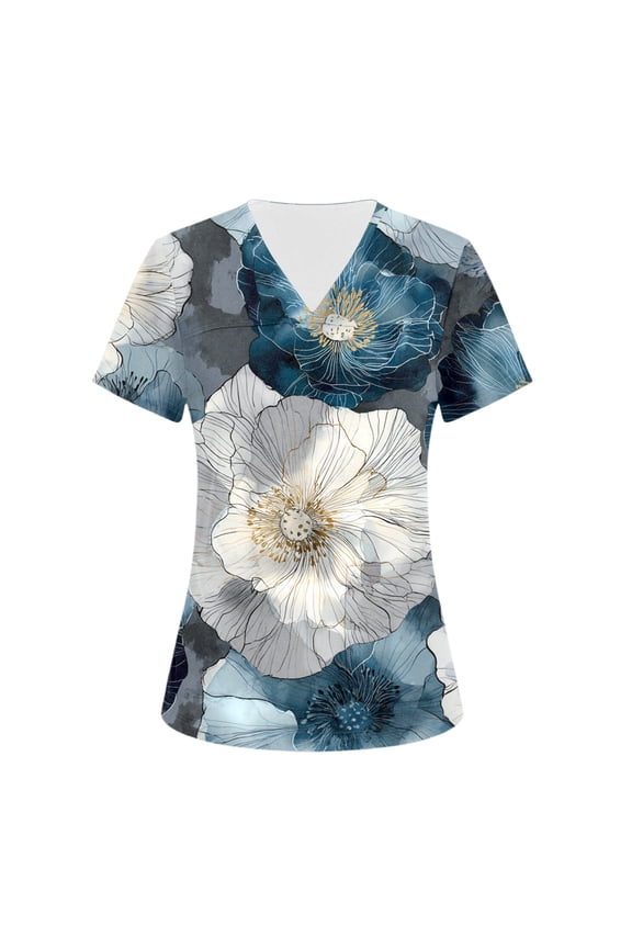 Scrub Tops Women 2026 Nursing V-Neck Short Sleeve Vintage Floral Print Scrubs Cotton Work T Shirts Durable Pullover with Pockets Royal Blue 3XL