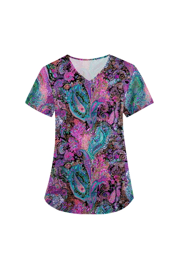 Scrub Tops Women 2026 Nursing V Neck Short Sleeve Vintage Print Tops Breathable Stretchy T-Shirts Fashion Shirts with 2 Pockets Dark Blue L
