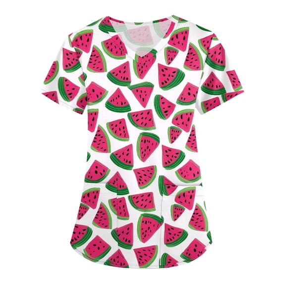 OIOLOYJM Scrub Tops Women Casual V-Neck Short-Sleeve Cute Print Tops Breathable Soft Stretch T Shirts Comfort Shirts with 2 Pockets Wine L