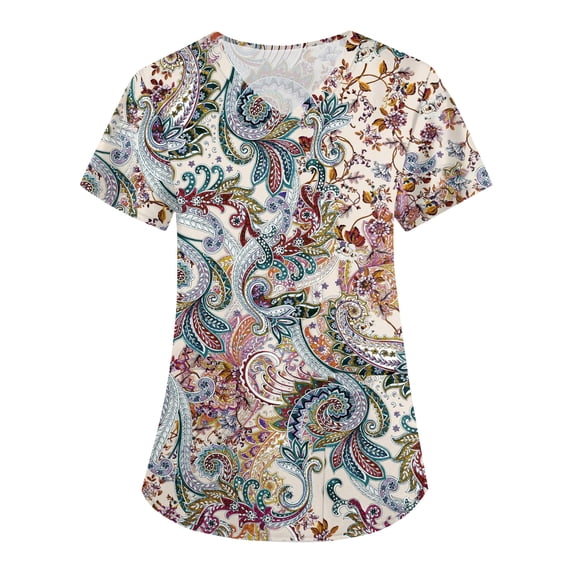 OIOLOYJM Scrub Tops Women Casual V Neck Short-Sleeve Vintage Print Scrubs Breathable Soft Stretch T Shirts Basic Clothing with Pockets Purple M