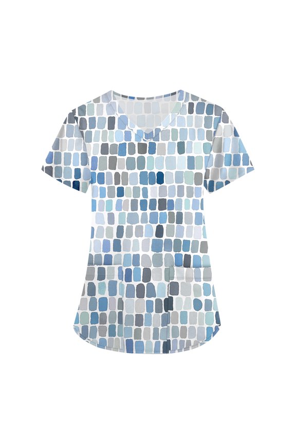 Scrub Tops Women Casual V-Neck Short Sleeve Vintage Print Tops Breathable Work T Shirts Basic Pullover with 2 Pockets Khaki 2XL