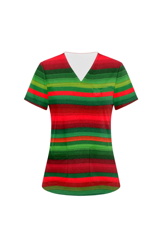 Scrub Tops Women Medical V Neck Short-Sleeve Striped Scrubs Cotton Work T-Shirts Basic Clothing with Pockets Red M