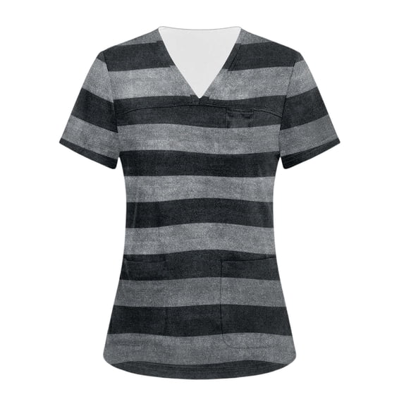 OIOLOYJM Scrub Tops Women Medical V-Neck Short Sleeve Striped Tops Cotton Work T-Shirts Durable Pullover with 3 Pockets Black 3XL