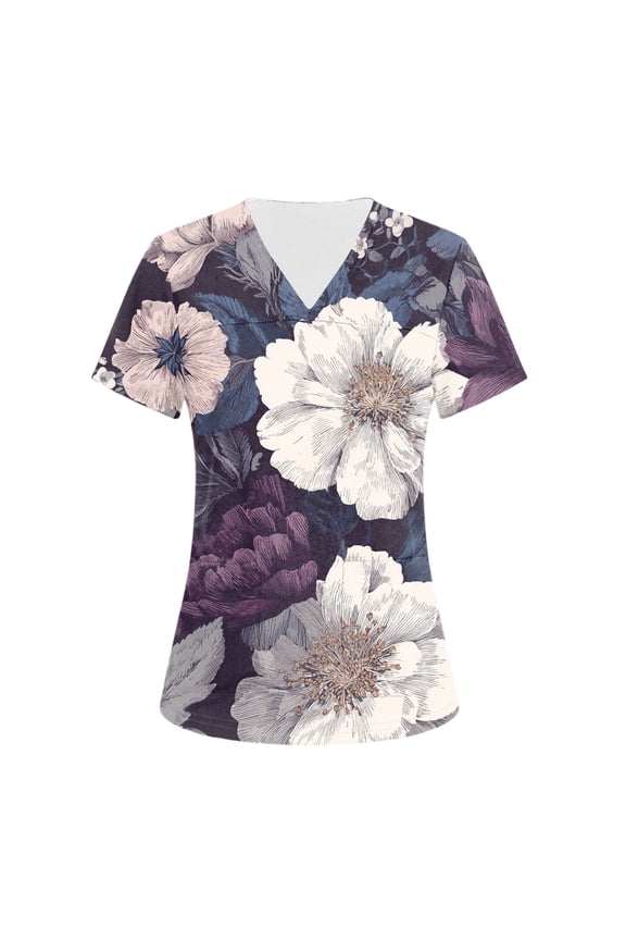 Scrub Tops Women Medical V-Neck Short Sleeve Vintage Floral Print Scrubs Cotton Stretchy T Shirts Durable Clothing with 3 Pockets Royal Blue 3XL