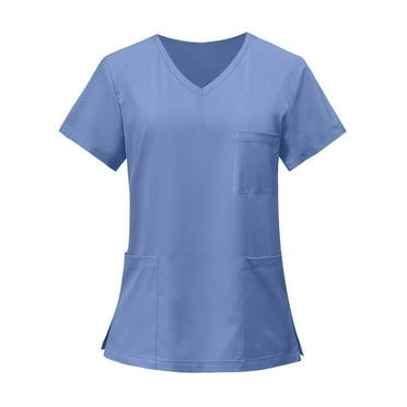 OIOLOYJM Scrub Tops for Women Moisture-Wicking Soft Stretch Nursing Medical Uniform V Neck Short Sleeve Nurse Tops Comfy Blouses with 3 Pocket Blue 5XL