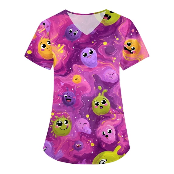 OIOLOYJM Scrub Tops Women Nursing V Neck Short Sleeve Cute Print Tops Breathable Stretchy T Shirts Comfort Clothing with Pockets Pink 4XL