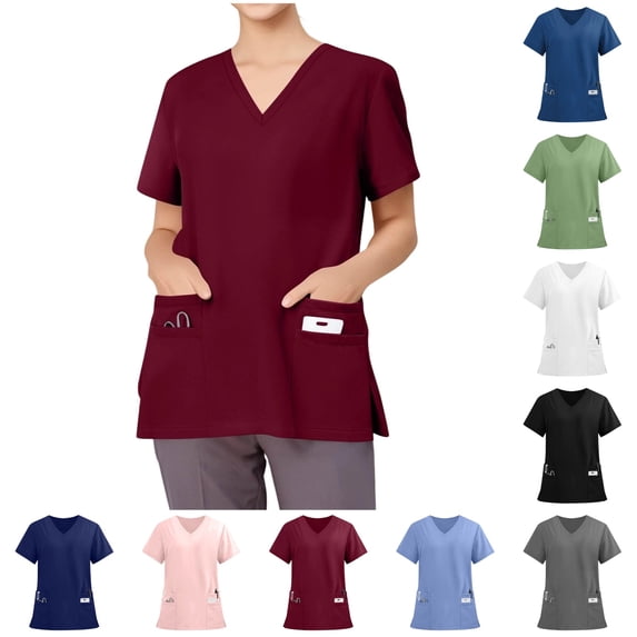 OIOLOYJM Scrub Tops Women Stretchy V Neck Short Sleeve Casual Shirts with 4 Pockets Lightweight Breathable Slim Fit Quick Dry Comfortable Work Nurse Uniform