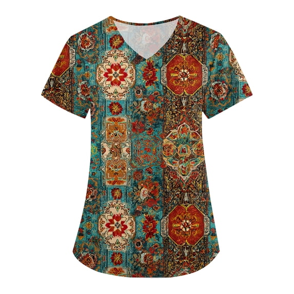 OIOLOYJM Scrub Tops for Women Medical V-Neck Short Sleeve Vintage Print Scrubs Breathable Work T-Shirts Basic Pullover with Pockets Ginger 4XL