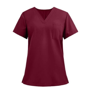 OIOLOYJM Scrub Tops for Women Moisture-Wicking Stretch Nursing Medical Uniform V -Neck Short Sleeve Workwear Loose Fit Blouse with 3 Pocket Wine 2XL