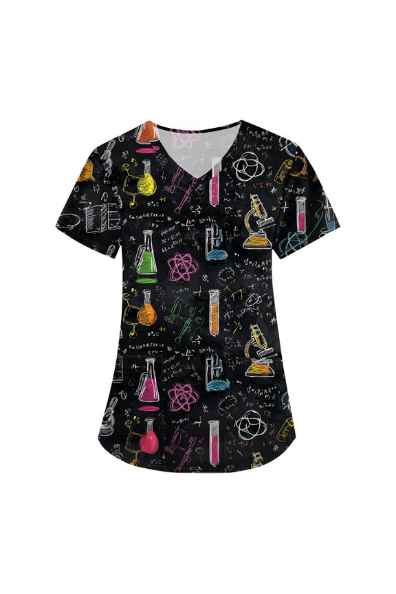 Scrub Tops for Women Nursing V-Neck Short Sleeve Cute Print Scrubs Breathable Stretchy T Shirts Comfort Pullover with Pockets Navy XL
