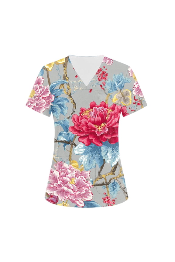 Scrub Tops for Women Nursing V Neck Short-Sleeve Vintage Floral Print Scrubs Cotton Stretchy T-Shirts Durable Clothing with Pockets Cyan 3XL