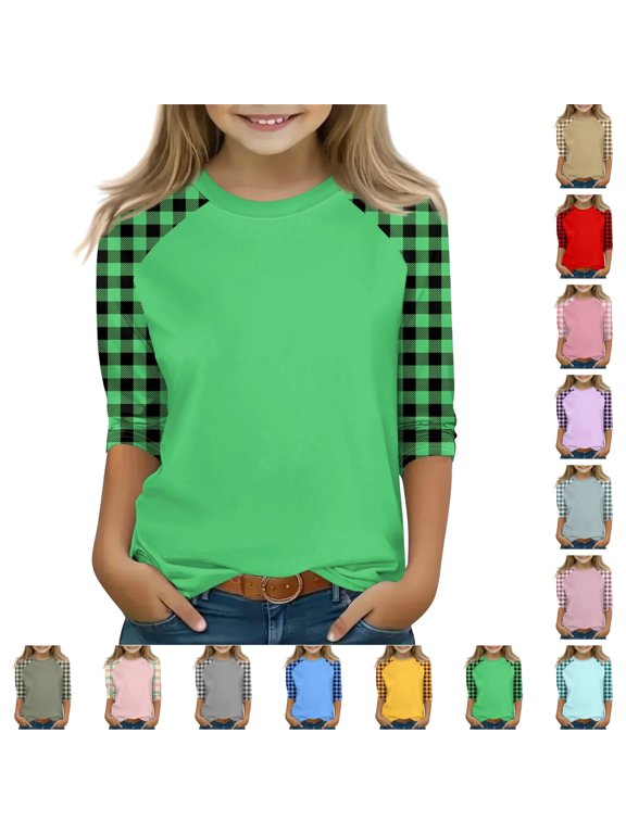 Shirts for Girls Casual Crew Neck 3/4 Length Sleeve Color Block T Shirts Spring Cotton Cute Pullover Tops Soft Cozy Tees Green 12-13 Year