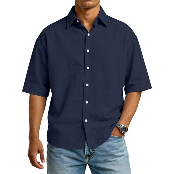 OIOLOYJM Shirts for Men Casual Cotton Button Down Shirts Summer Short Sleeve Collared Relaxed Fit T-Shirts Dressy Vacation Blouses Navy M