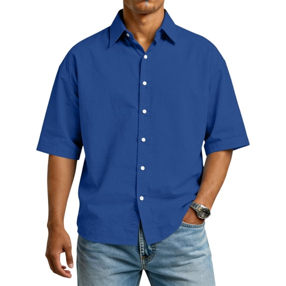 OIOLOYJM Shirts for Men Casual Cotton Button Down Shirts Summer Short Sleeve Lapel Relaxed Fit T-Shirts Dressy Holiday Outfits Blue 2XL