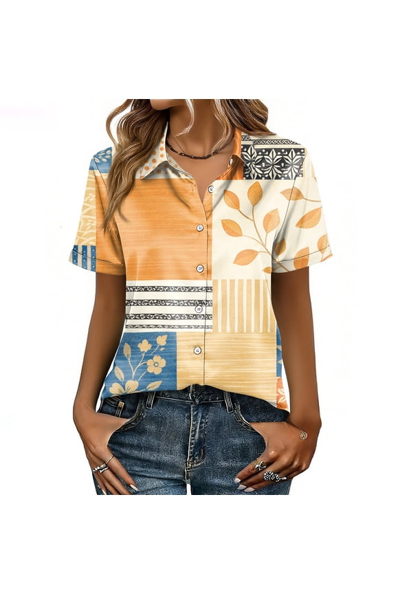 Shirts for Women Geometric Print Button Short Sleeve Casual Blouses Loose Fit Collared Tops Spring Work Outwear Yellow L